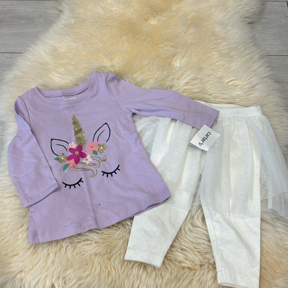 Carter’s Purple Unicorn Long-Sleeve Shirt & White Sparkle Tutu Leggings Size 12M